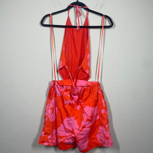 Staud 4 Georgia Romper Red Pink Cotton Blend Floral Halter Neck Tie Back - Picture 4 of 13